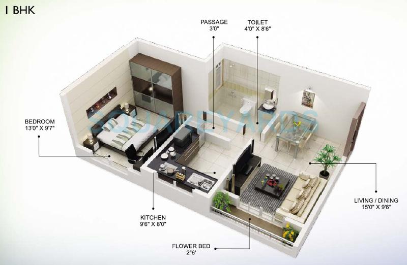 Floor plan of 1 BHK 608 Sq. Ft. Apartment in Swaraj Lagoona, Navi Mumbai