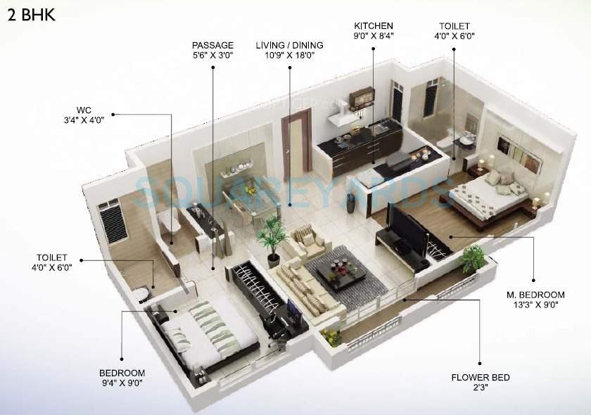 Floor plan of 1 BHK 883 Sq. Ft. Apartment in Swaraj Lagoona, Navi Mumbai