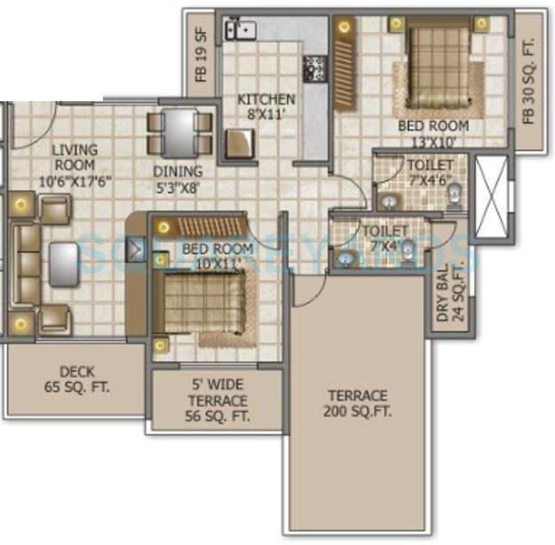 Floor plan of 2 BHK 1251 Sq. Ft. Apartment in Swaraj Queensbay, Navi Mumbai