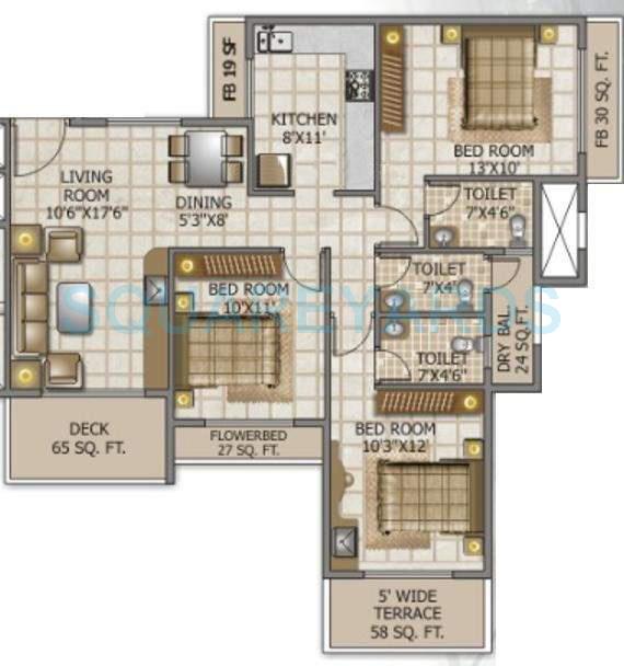 Floor plan of 3 BHK 1534 Sq. Ft. Apartment in Swaraj Queensbay, Navi Mumbai