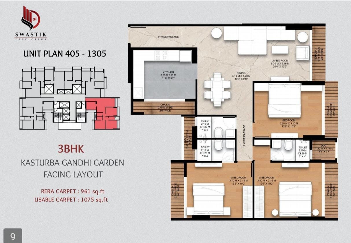 3 BHK 1075 Sq. Ft. Apartment