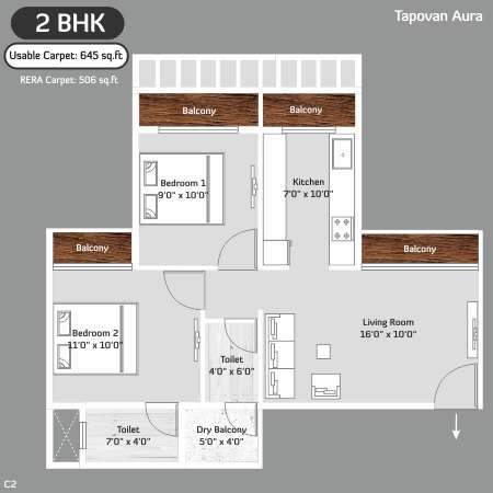 2 BHK 645 Sq. Ft. Apartment in Tapovan Aura