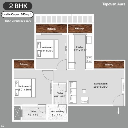 Floor plan of 2 BHK 645 Sq. Ft. Apartment in Tapovan Aura, Navi Mumbai
