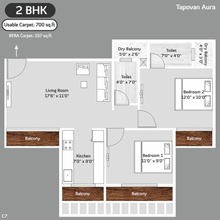 Floor plan of 3 BHK 700 Sq. Ft. Apartment in Tapovan Aura, Navi Mumbai