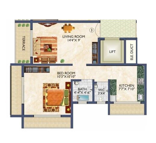 Floor plan of 1 BHK 344 Sq. Ft. Apartment in Tater Florence Orchid, Navi Mumbai