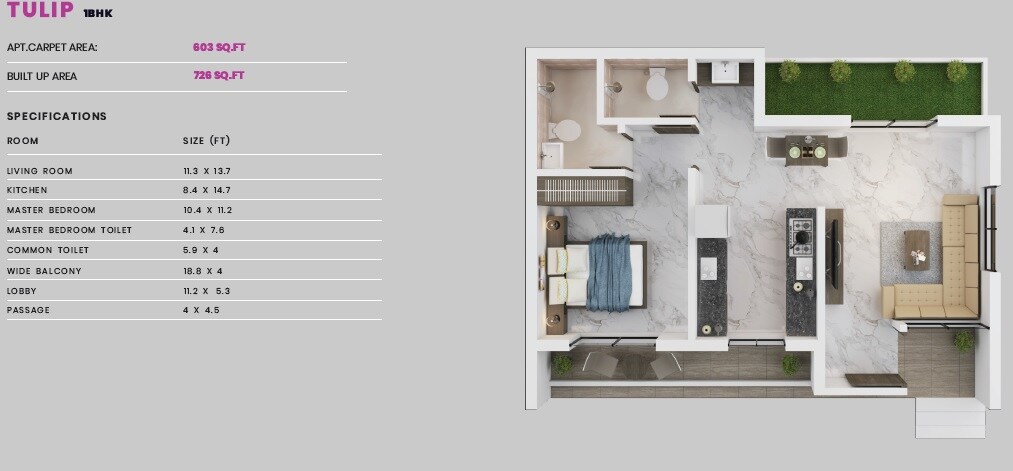 Floor plan of 1 BHK 603 Sq. Ft. Villa in Tectona Hill, Navi Mumbai