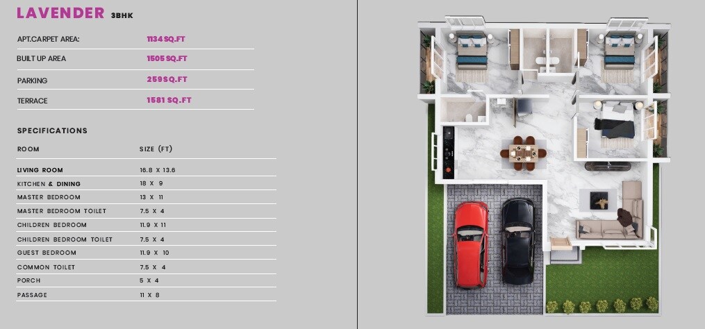 Floor plan of 3 BHK 1134 Sq. Ft. Villa in Tectona Hill, Navi Mumbai