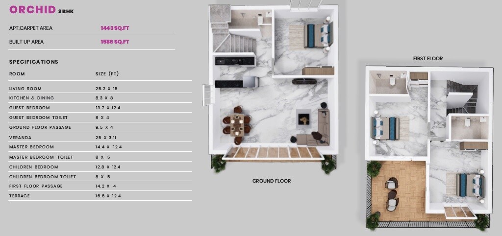 Floor plan of 3 BHK 1443 Sq. Ft. Villa in Tectona Hill, Navi Mumbai