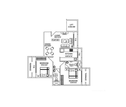 Floor plan of 2 BHK 1194 Sq. Ft. Apartment in Tejas Heights, Navi Mumbai