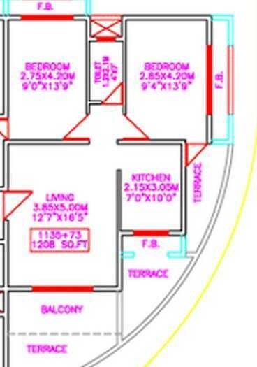 Floor plan of 2 BHK 1208 Sq. Ft. Apartment in Tejas Komal, Navi Mumbai