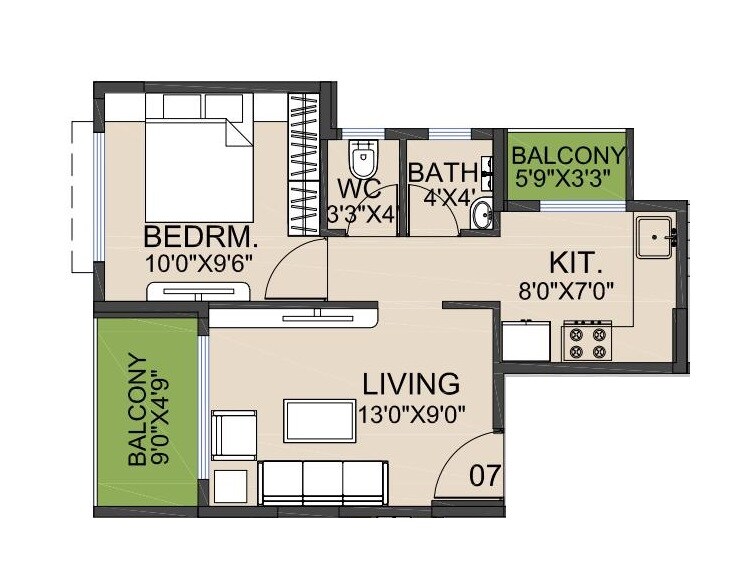 Floor plan of 1 BHK 400 Sq. Ft. Apartment in Tejas Neelkamal, Navi Mumbai