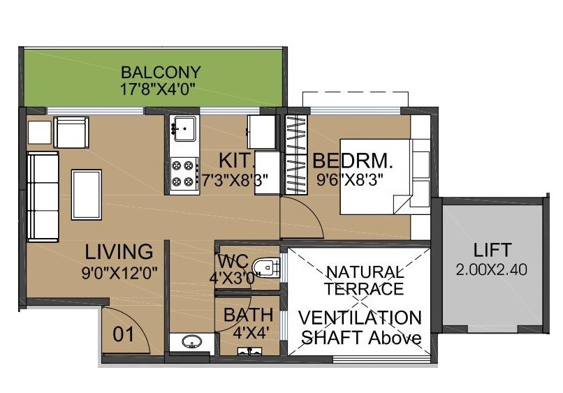 Floor plan of 1 BHK 423 Sq. Ft. Apartment in Tejas Neelkamal, Navi Mumbai