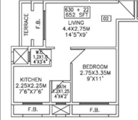 Floor plan of 1 BHK 627 Sq. Ft. Apartment in Tejas Ojas, Navi Mumbai
