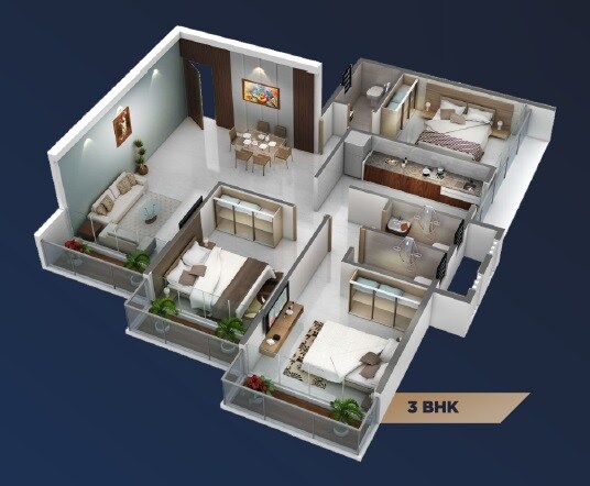 Floor plan of 3 BHK 885 Sq. Ft. Apartment in Tejas Vaishnavi, Navi Mumbai