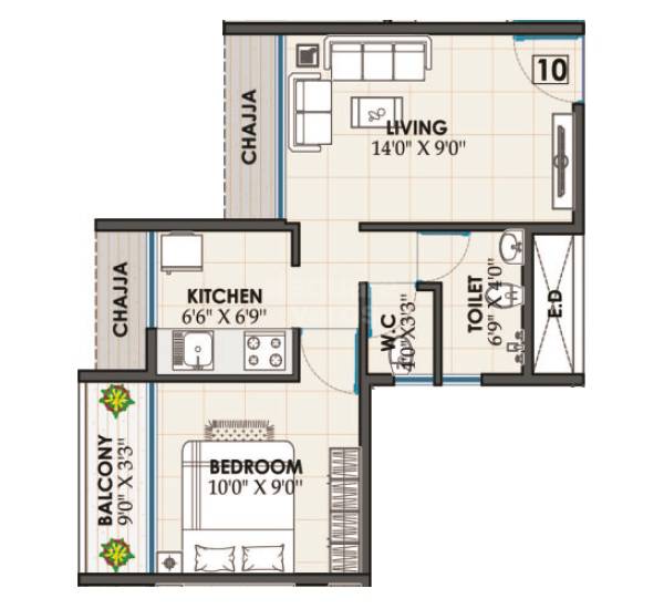 Floor plan of 1 BHK 315 Sq. Ft. Apartment in Thakur Emerald, Navi Mumbai