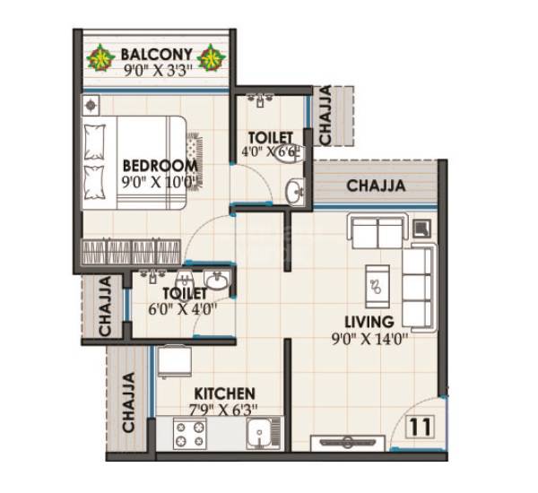 Floor plan of 1 BHK 366 Sq. Ft. Apartment in Thakur Emerald, Navi Mumbai