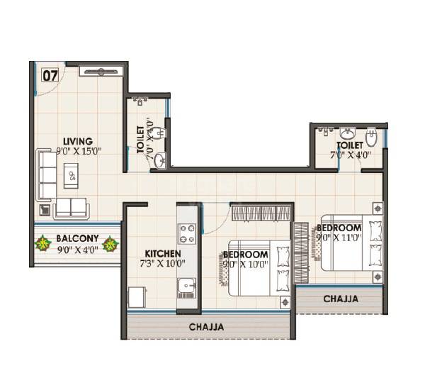 Floor plan of 2 BHK 521 Sq. Ft. Apartment in Thakur Emerald, Navi Mumbai