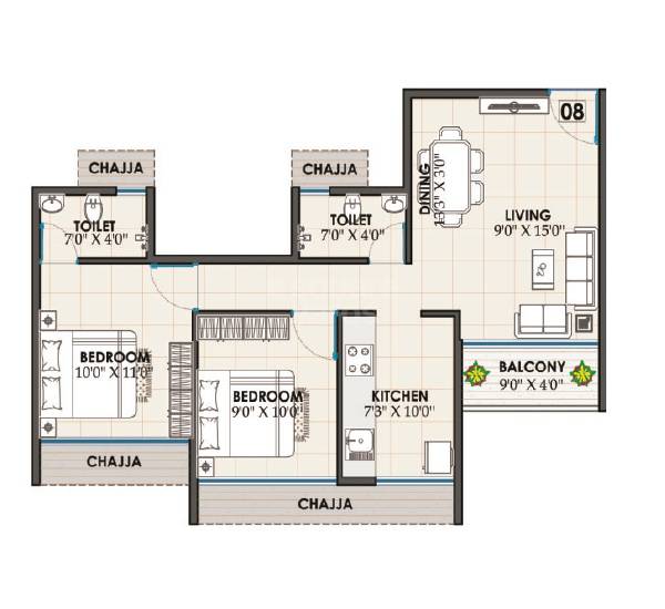 Floor plan of 2 BHK 599 Sq. Ft. Apartment in Thakur Emerald, Navi Mumbai