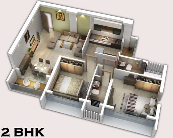 Floor plan of 2 BHK 621 Sq. Ft. Apartment in Thakur Neelkamal, Navi Mumbai