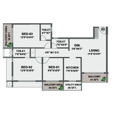 Floor plan of 3 BHK 804 Sq. Ft. Apartment in Thalia Saubhagyam, Navi Mumbai