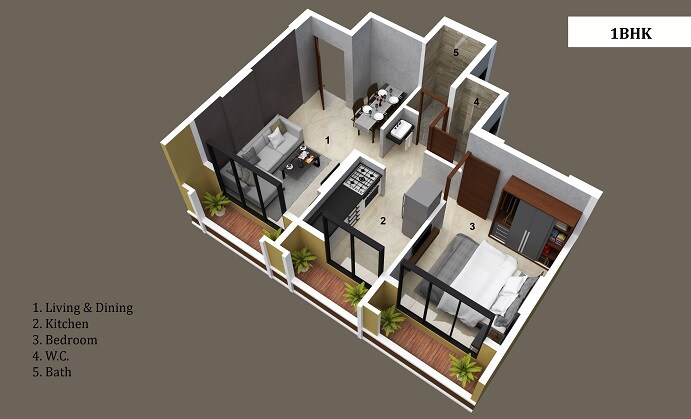 Floor plan of 1 BHK 433 Sq. Ft. Apartment in Thalia Vrindavan Flora, Navi Mumbai