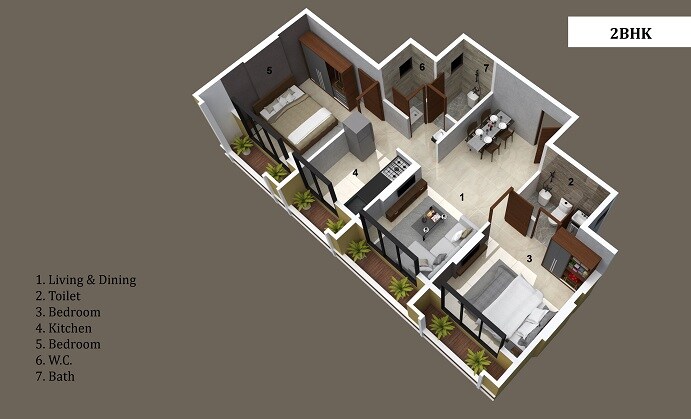 Floor plan of 2 BHK 451 Sq. Ft. Apartment in Thalia Vrindavan Flora, Navi Mumbai