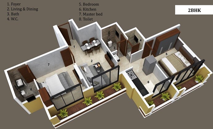 Floor plan of 2 BHK 648 Sq. Ft. Apartment in Thalia Vrindavan Flora, Navi Mumbai