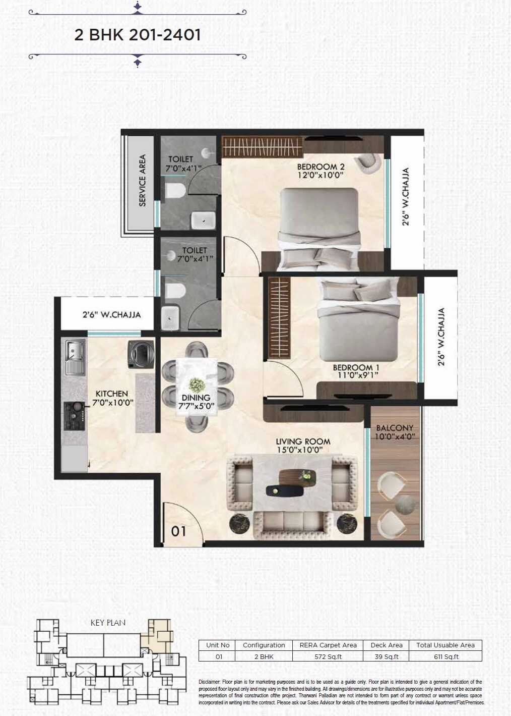 Floor plan of 2 BHK 611 Sq. Ft. Apartment in Tharwani Palladian, Navi Mumbai