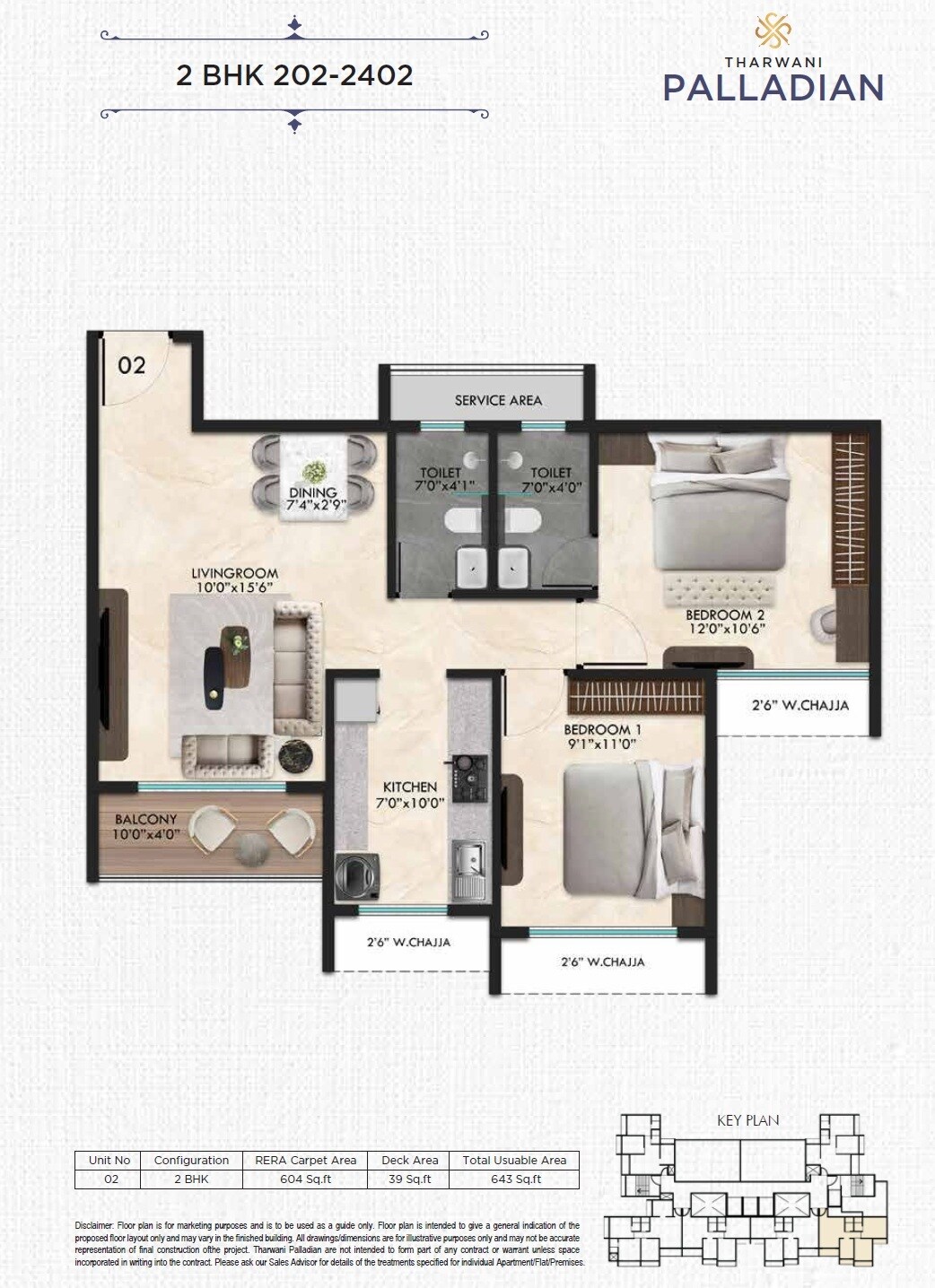 Floor plan of 2 BHK 644 Sq. Ft. Apartment in Tharwani Palladian, Navi Mumbai