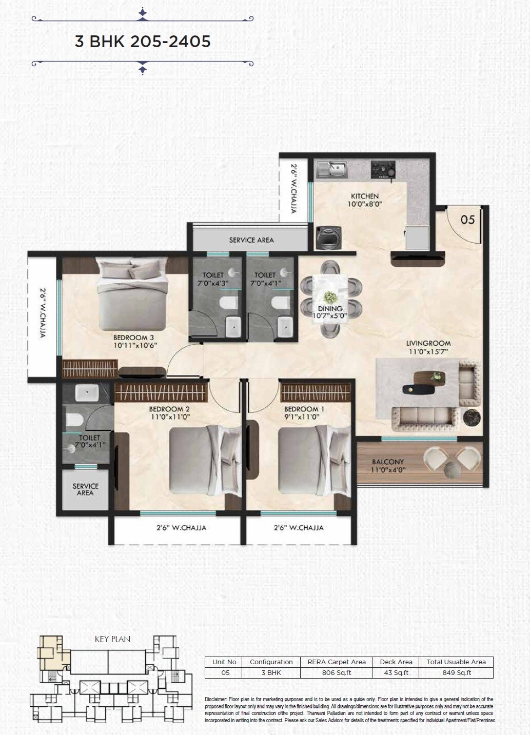 Floor plan of 3 BHK 849 Sq. Ft. Apartment in Tharwani Palladian, Navi Mumbai