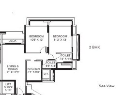 Floor plan of 2 BHK 1490 Sq. Ft. Apartment in The Wadhwa Palm Beach Residency, Navi Mumbai