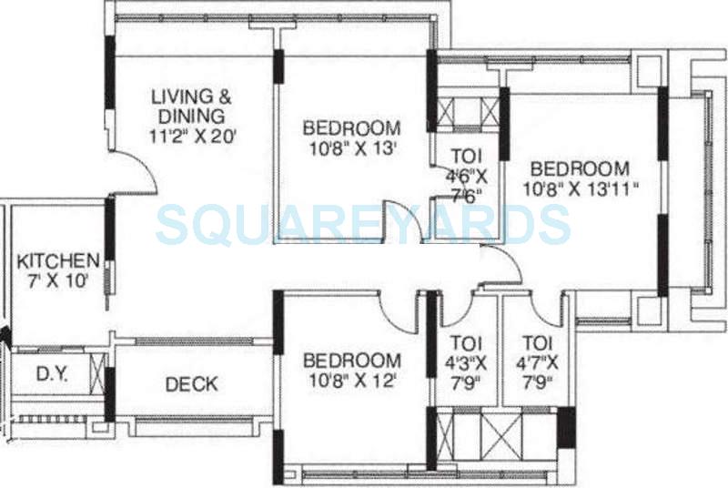 Floor plan of 3 BHK 2330 Sq. Ft. Apartment in The Wadhwa Palm Beach Residency, Navi Mumbai