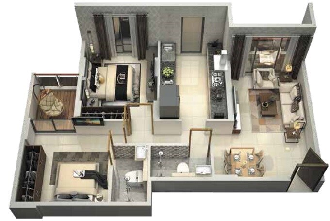 Floor plan of 2 BHK 573 Sq. Ft. Apartment in Today Aamod, Navi Mumbai