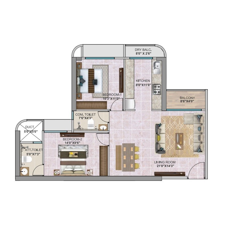 Floor plan of 2 BHK 732 Sq. Ft. Apartment in Today Altus 24, Navi Mumbai