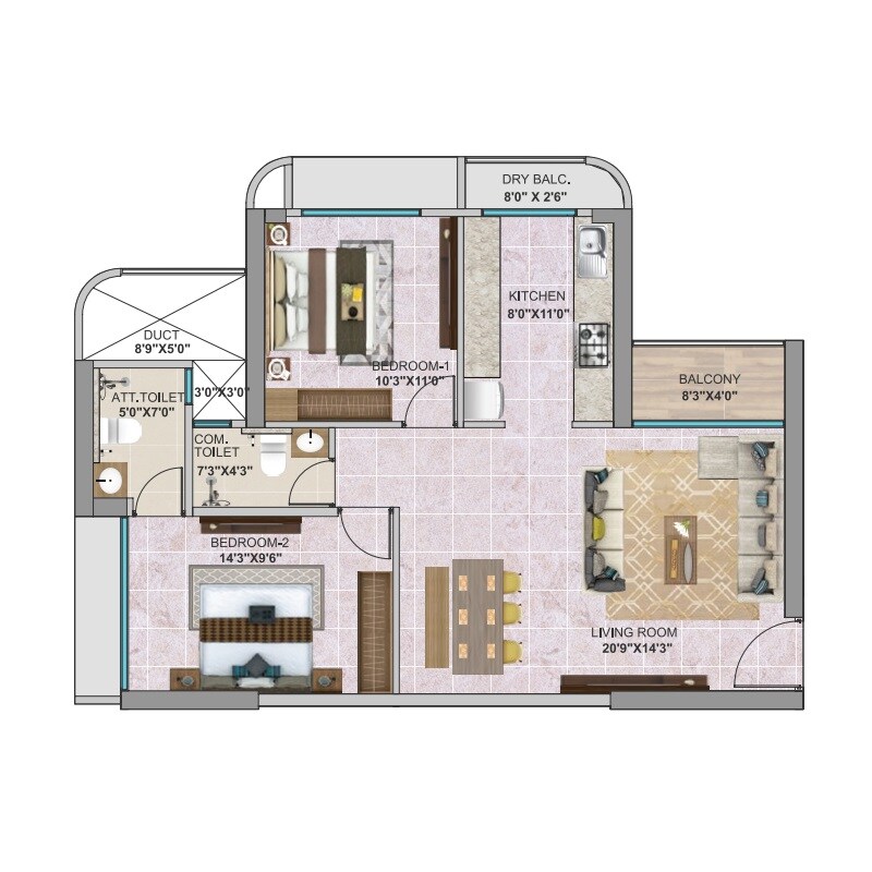 Floor plan of 2 BHK 748 Sq. Ft. Apartment in Today Altus 24, Navi Mumbai