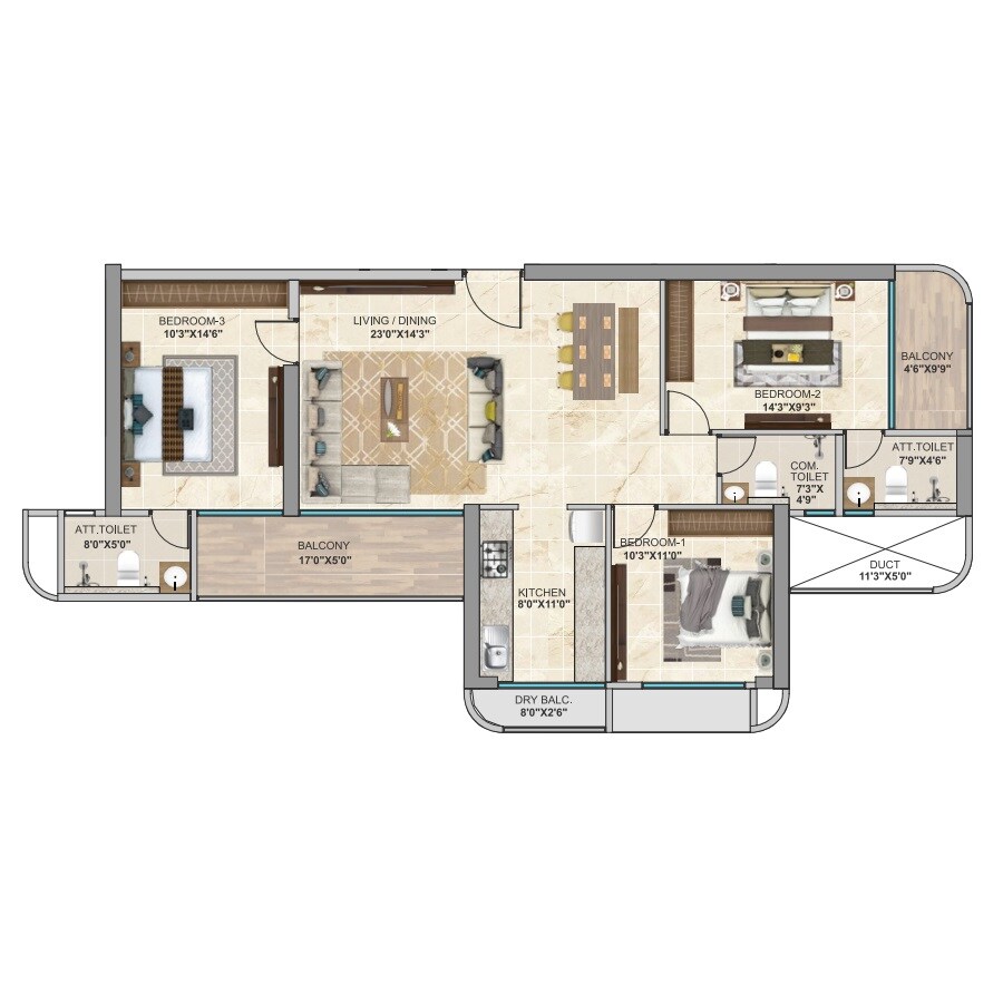 Floor plan of 3 BHK 1002 Sq. Ft. Apartment in Today Altus 24, Navi Mumbai