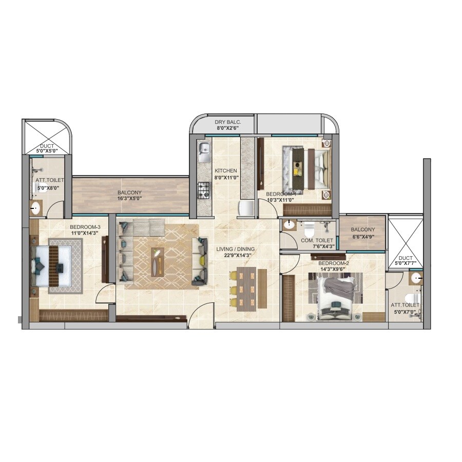 Floor plan of 3 BHK 992 Sq. Ft. Apartment in Today Altus 24, Navi Mumbai