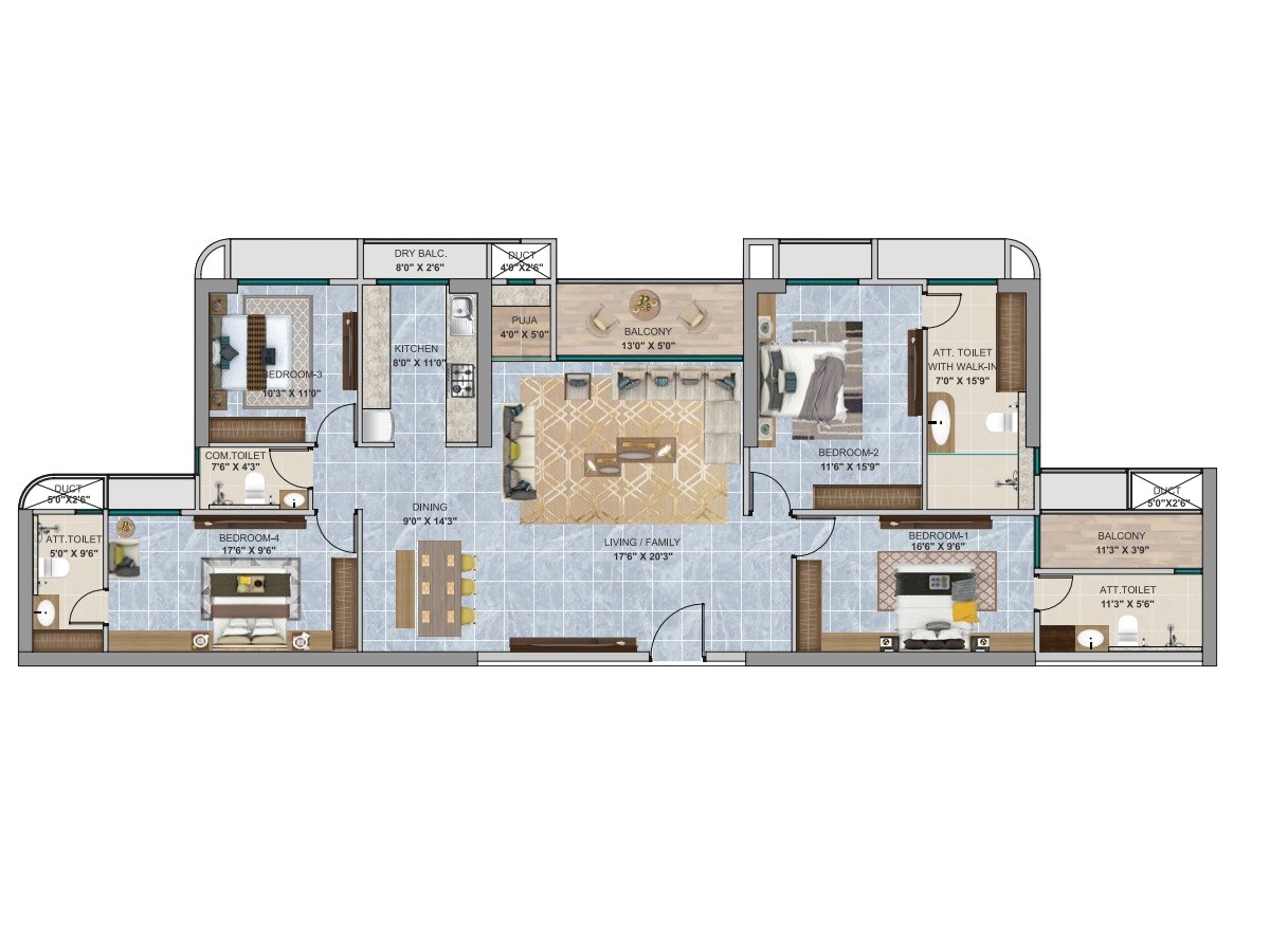Floor plan of 4 BHK 1592 Sq. Ft. Apartment in Today Altus 24, Navi Mumbai