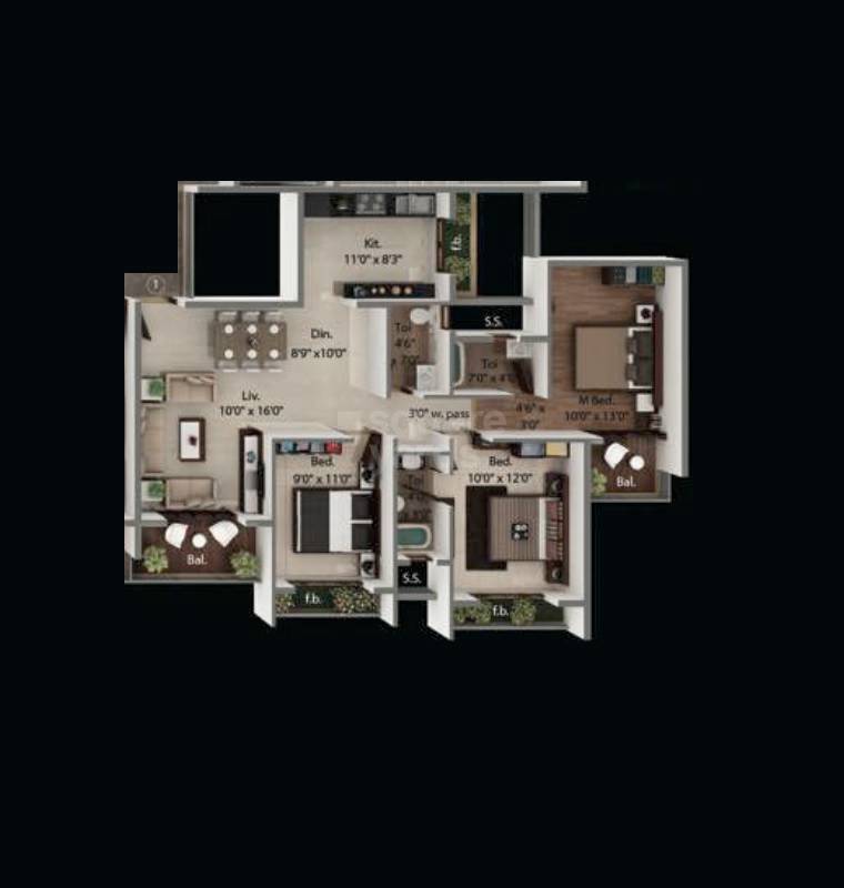 Floor plan of 3 BHK 981 Sq. Ft. Apartment in Today Euphoria, Navi Mumbai