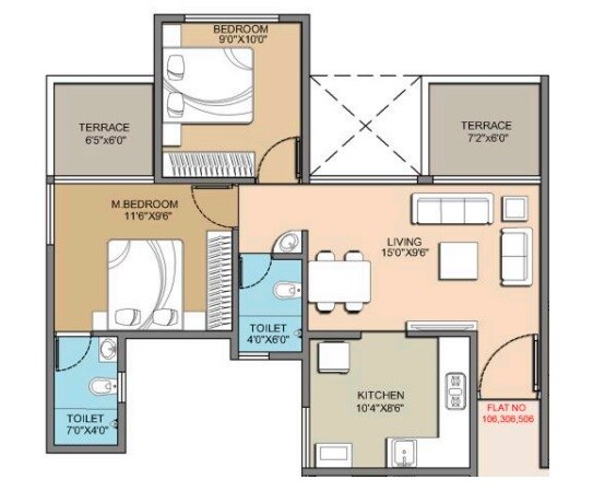Floor plan of 2 BHK 600 Sq. Ft. Apartment in Today Global Anandam, Navi Mumbai