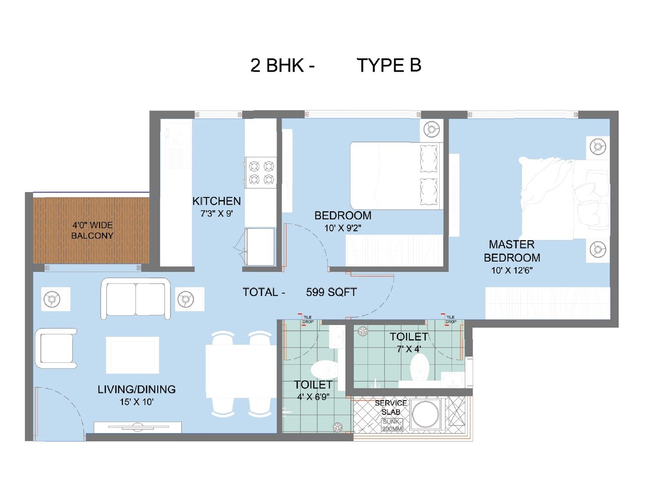 Floor plan of 2 BHK 637 Sq. Ft. Apartment in Today Global ANANDAM PHASE - II, Navi Mumbai