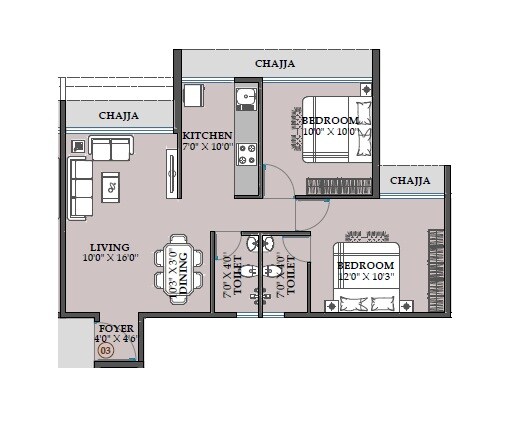 2 BHK 807 Sq. Ft. Apartment