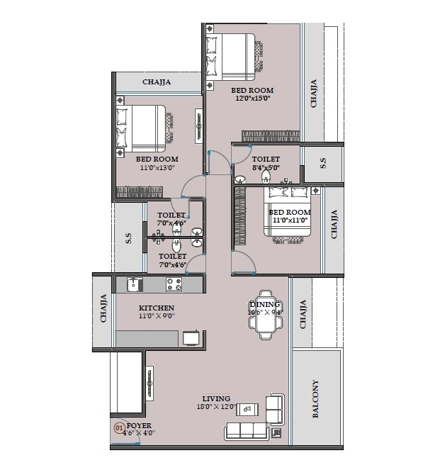 3 BHK 1308 Sq. Ft. Apartment