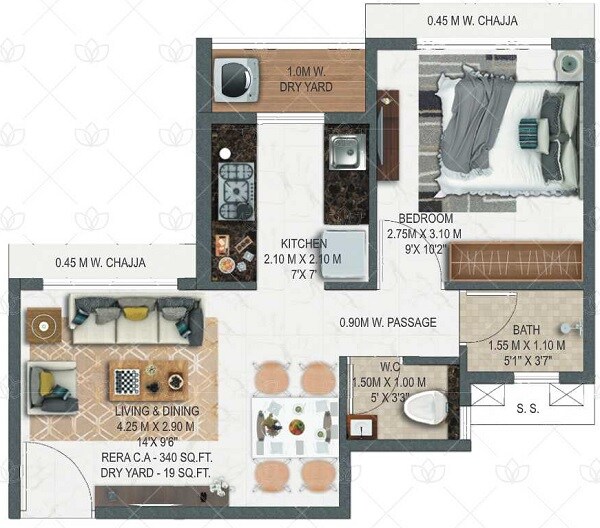Floor plan of 1 BHK 340 Sq. Ft. Apartment in Today Mangalam, Navi Mumbai