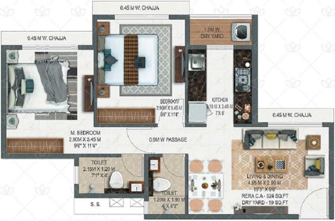 Floor plan of 2 BHK 524 Sq. Ft. Apartment in Today Mangalam, Navi Mumbai