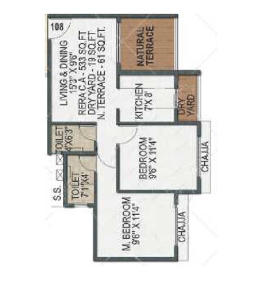 Floor plan of 2 BHK 533 Sq. Ft. Apartment in Today Mangalam, Navi Mumbai