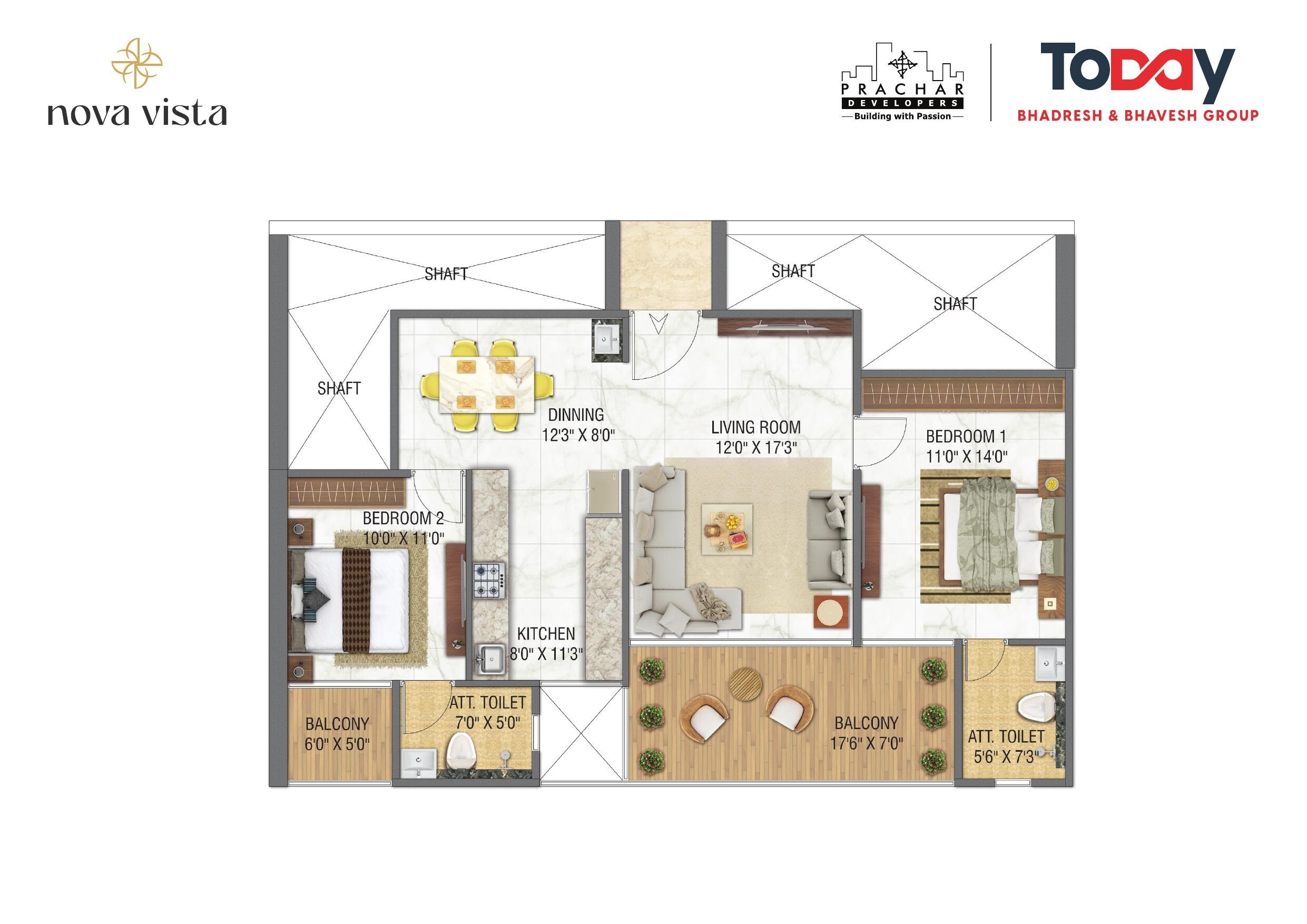 Floor plan of 2 BHK 748 Sq. Ft. Apartment in Today Nova Vista, Navi Mumbai