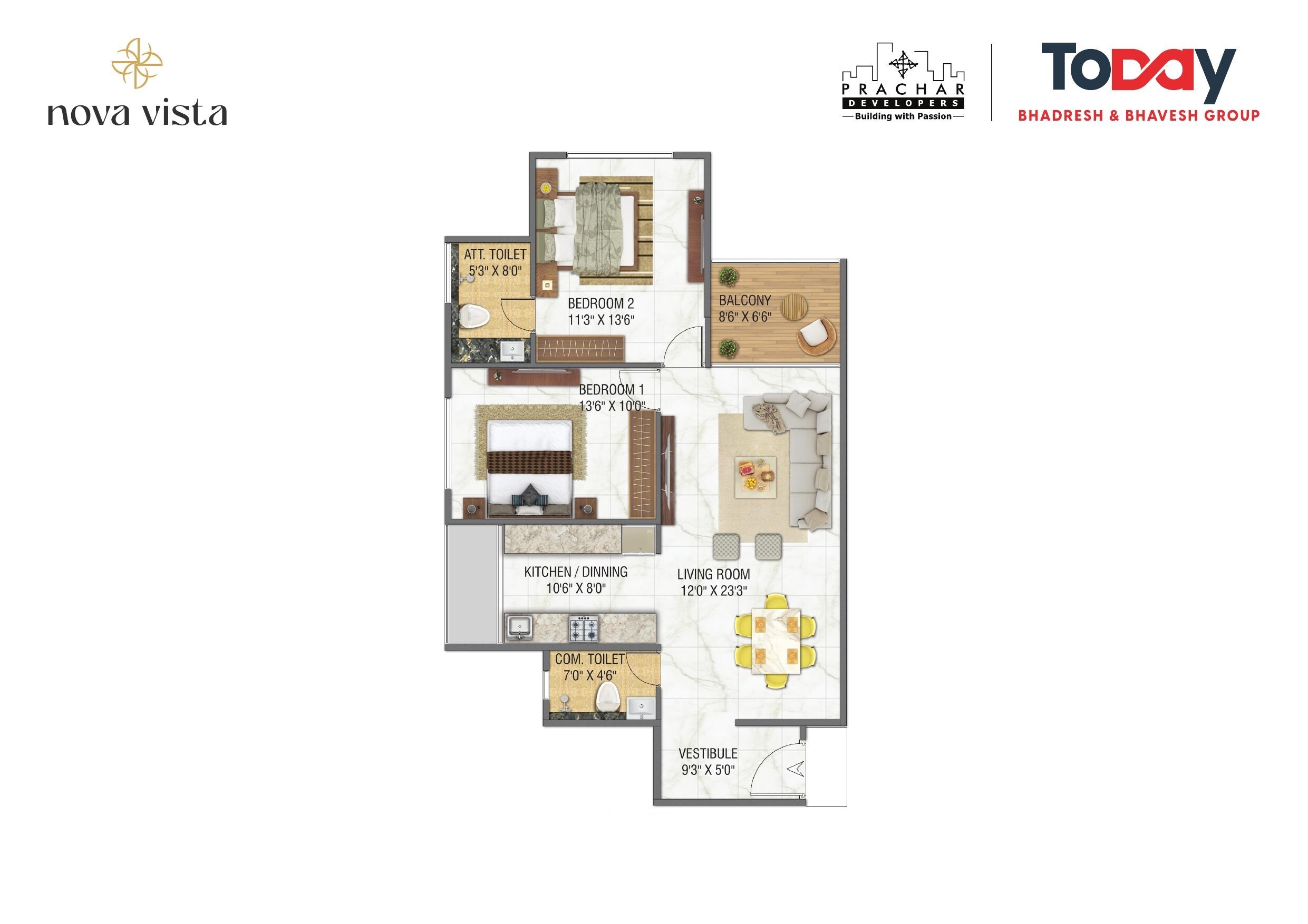 Floor plan of 2 BHK 781 Sq. Ft. Apartment in Today Nova Vista, Navi Mumbai