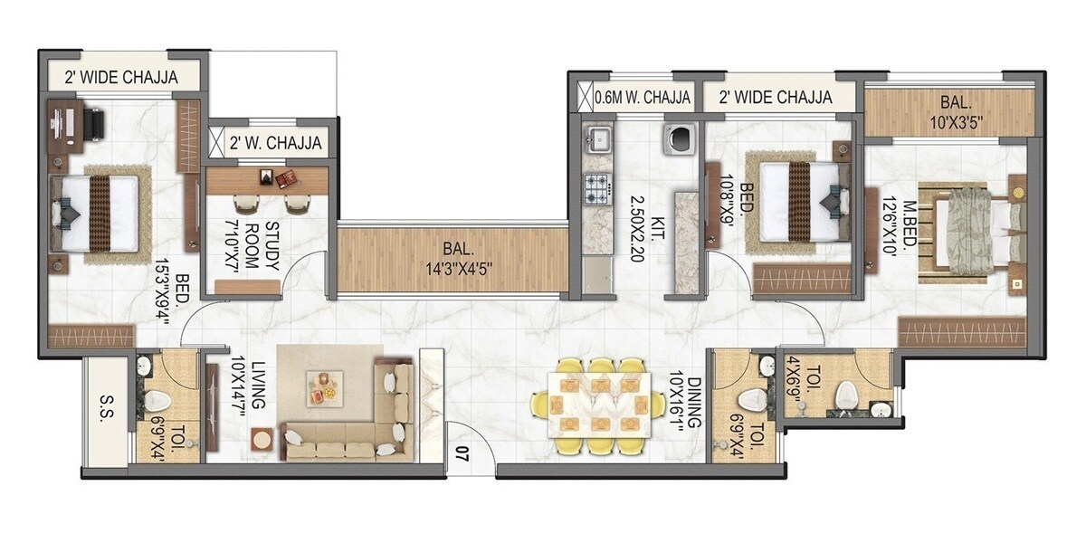 Floor plan of 3 BHK 1167 Sq. Ft. Apartment in Today Nova Vista, Navi Mumbai