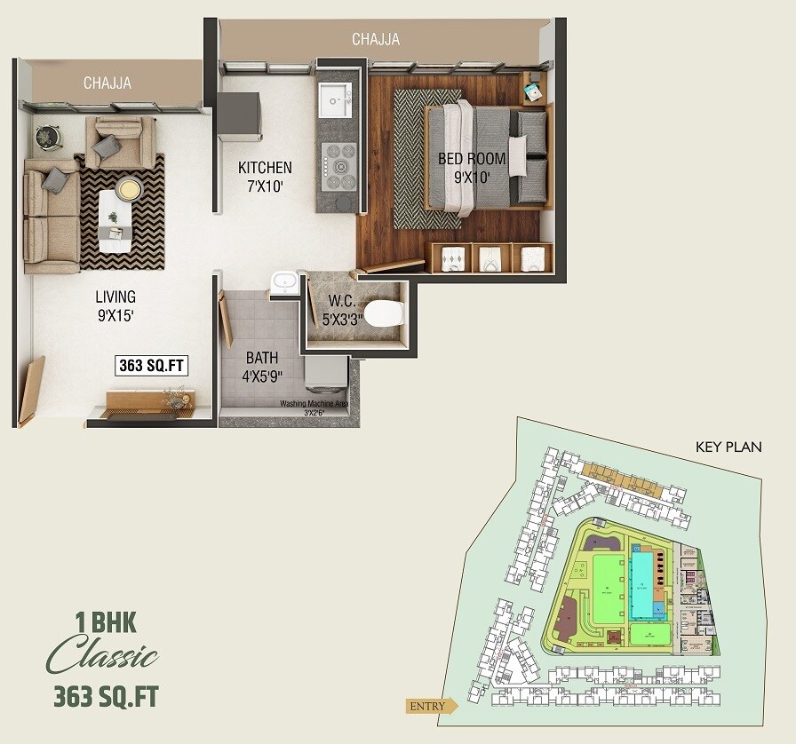 Floor plan of 1 BHK 363 Sq. Ft. Apartment in Today Royal Aikyam, Navi Mumbai